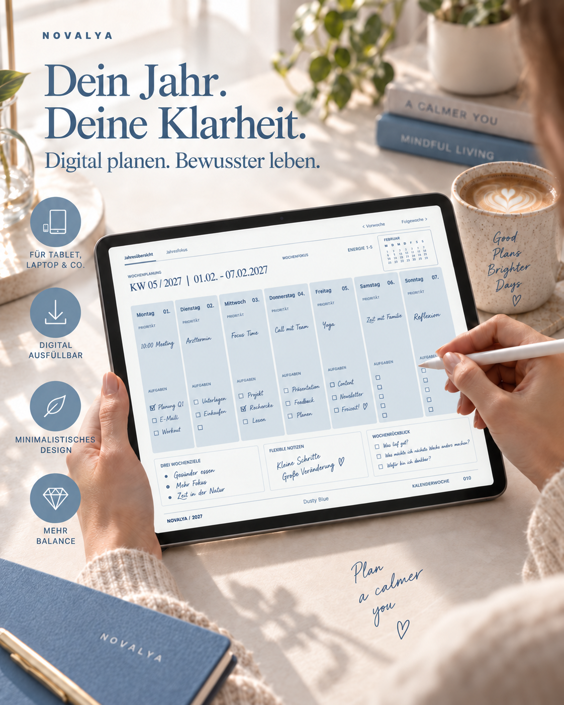 Novalya Wochenplaner 2027 – Dusty Blue | Digitaler Wochenplaner
