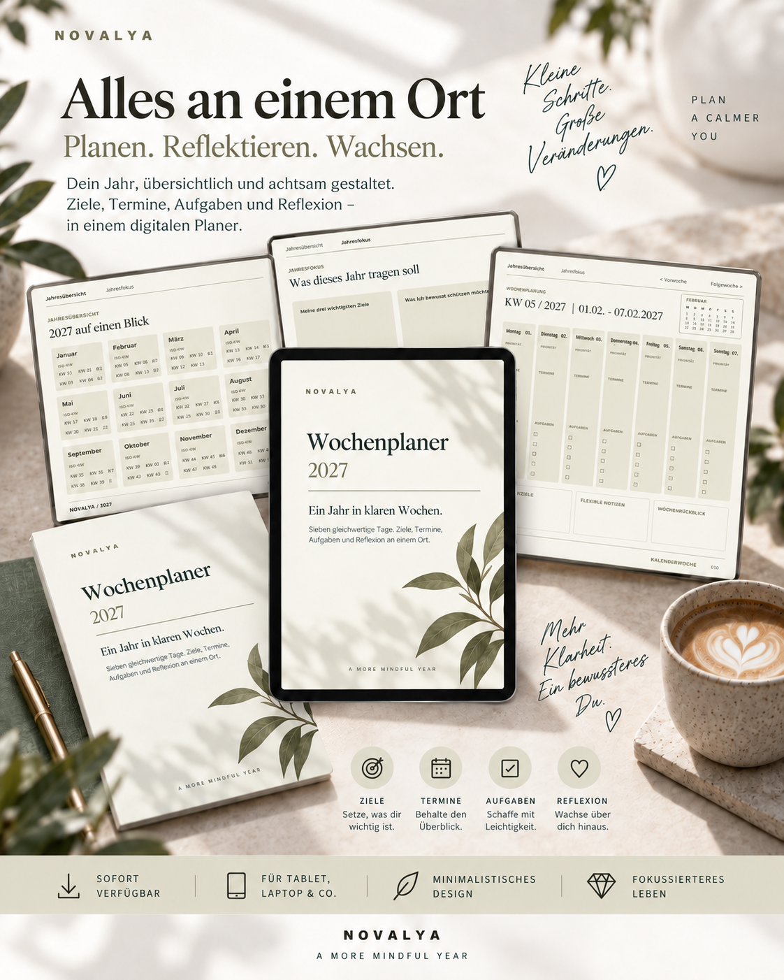Novalya Wochenplaner 2027 – Natural Olive | Digitaler Wochenplaner