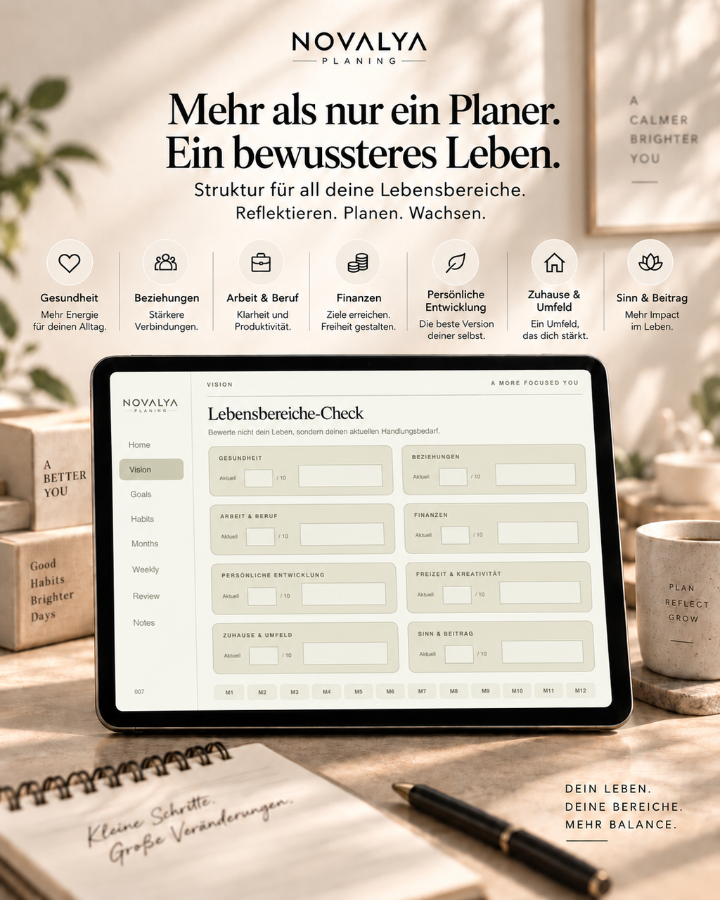 Novalya Goals & Habits Planner – Natural Olive | Digitaler Planner für Ziele, Fokus & Gewohnheiten