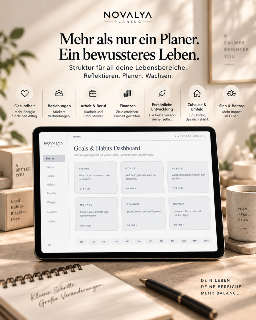 Novalya Goals & Habits Planner – Modern Graphite | Digitaler Planner für Ziele, Fokus & Gewohnheiten