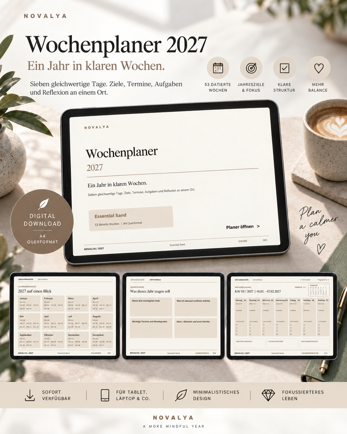 Novalya Wochenplaner 2027 – Essential Sand | Digitaler Wochenplaner