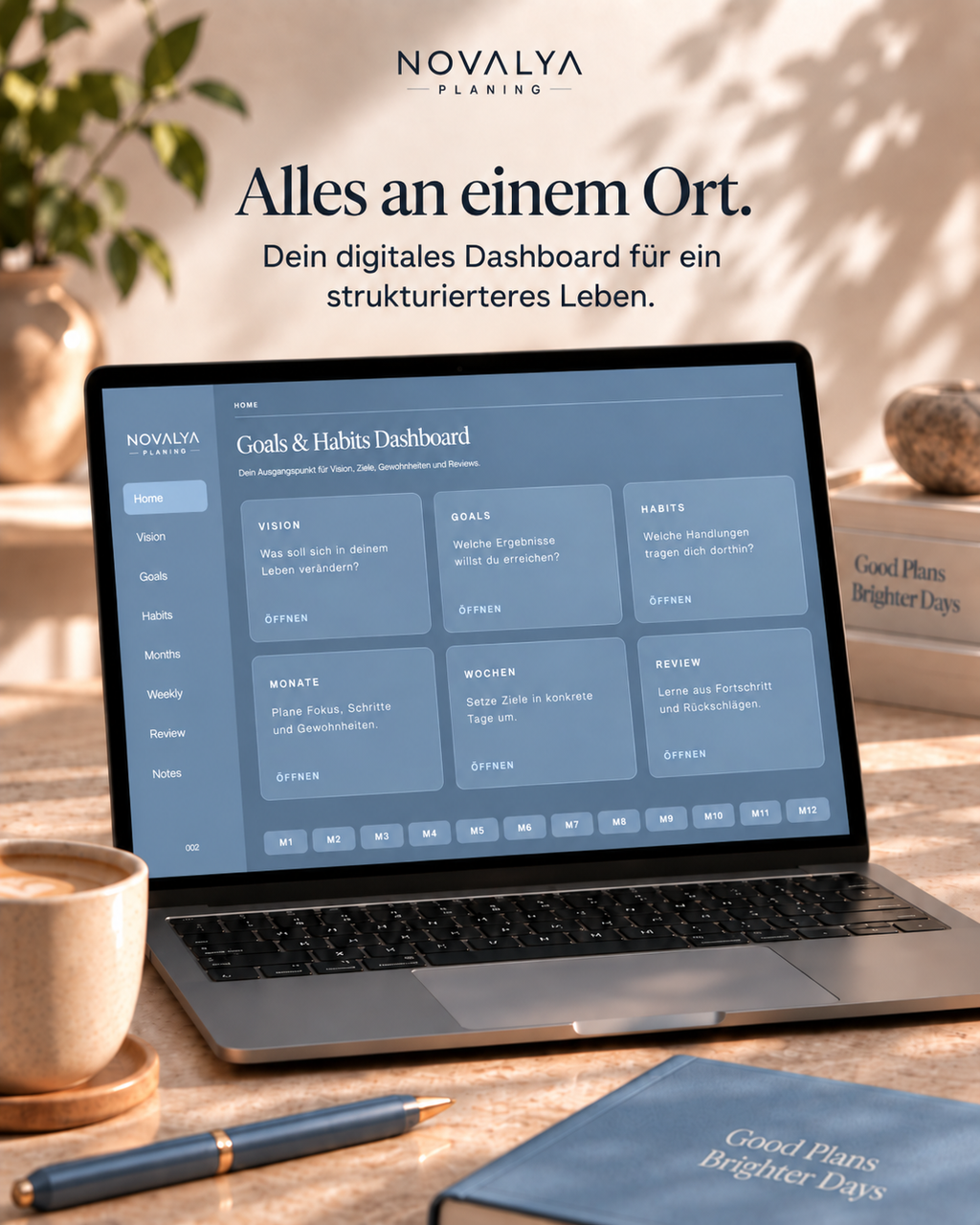Novalya Goals & Habits Planner – Dusty Blue | Digitaler Planner für Ziele, Fokus & Gewohnheiten