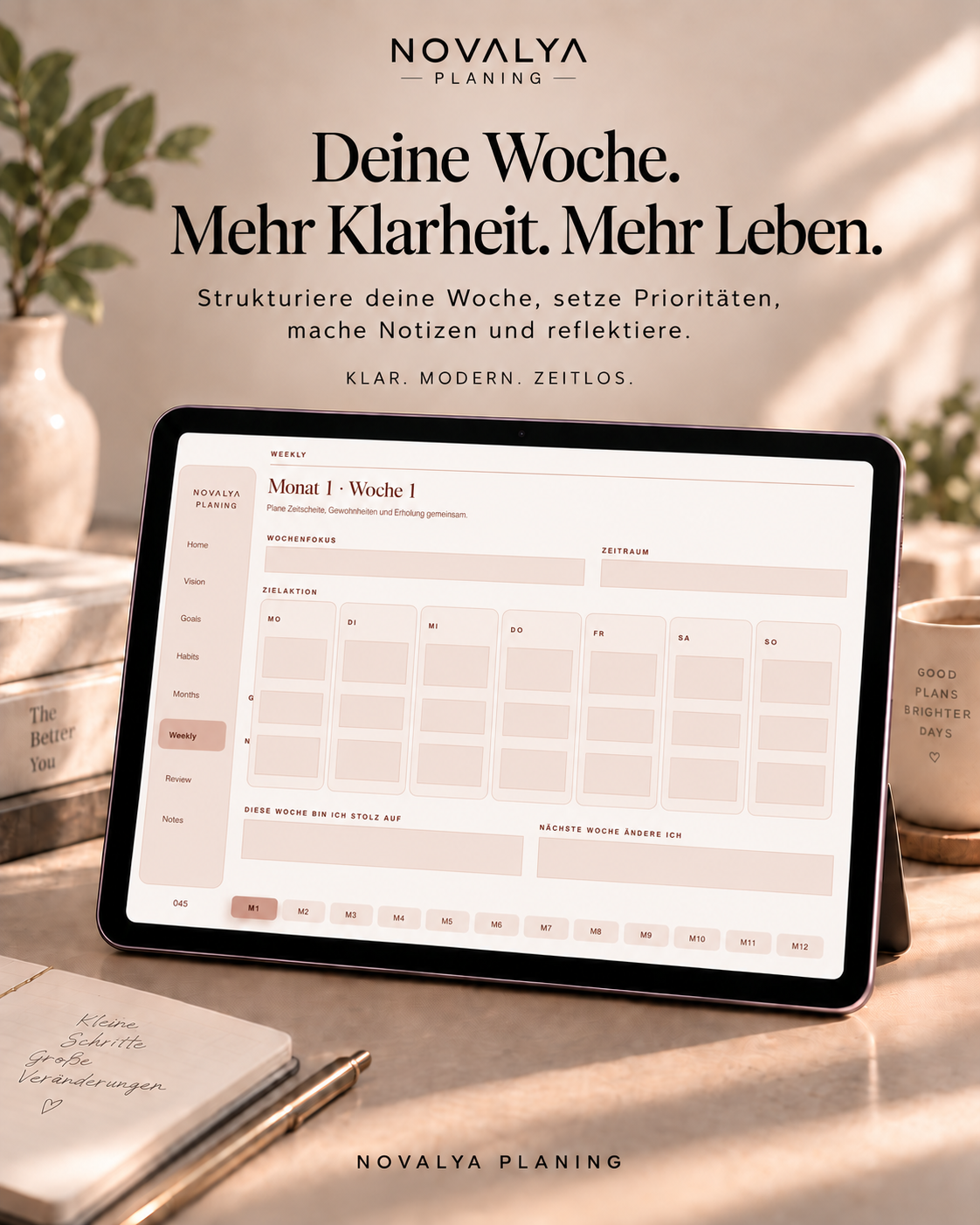 Novalya Goals & Habits Planner – Soft Terracotta | Digitaler Planner für Ziele, Fokus & Gewohnheiten