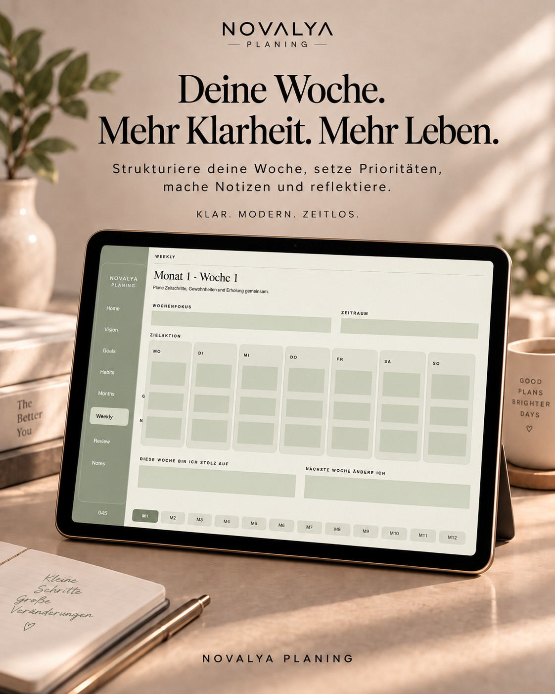 Novalya Goals & Habits Planner – Calm Sage | Digitaler Planner für Ziele, Fokus & Gewohnheiten