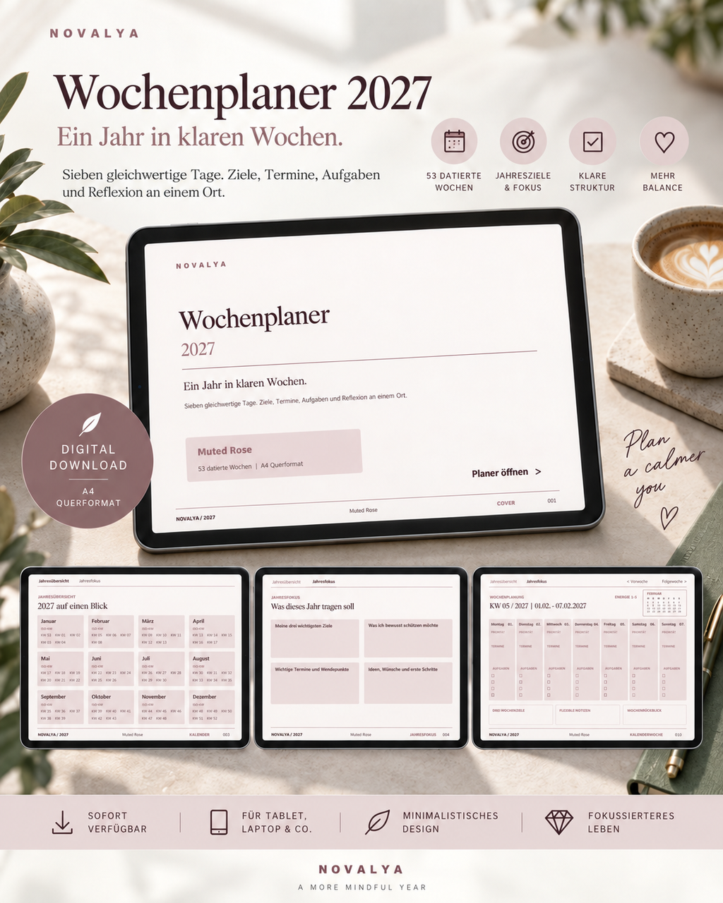 Novalya Wochenplaner 2027 – Muted Rose | Digitaler Wochenplaner