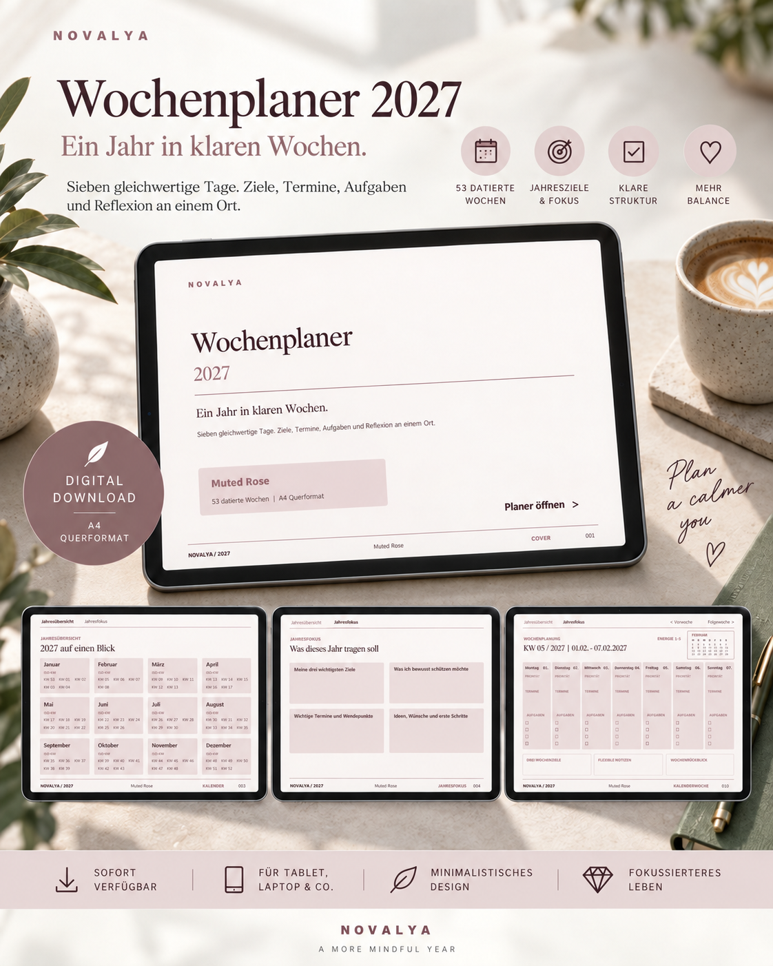 Novalya Wochenplaner 2027 – Muted Rose | Digitaler Wochenplaner