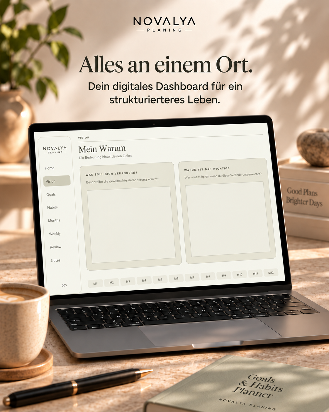 Novalya Goals & Habits Planner – Natural Olive | Digitaler Planner für Ziele, Fokus & Gewohnheiten