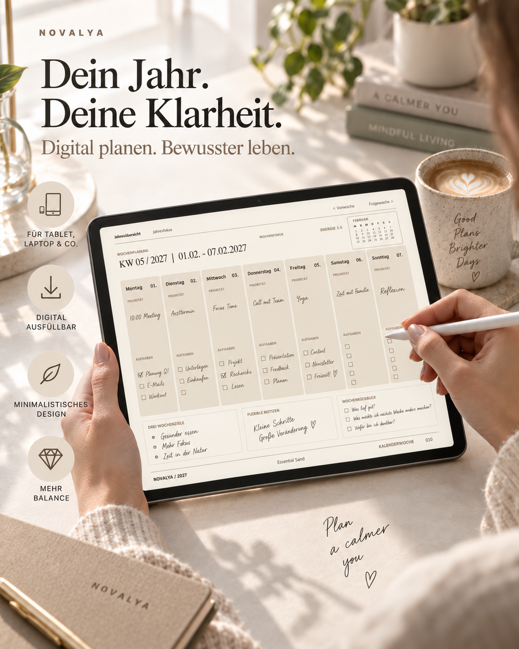 Novalya Wochenplaner 2027 – Essential Sand | Digitaler Wochenplaner