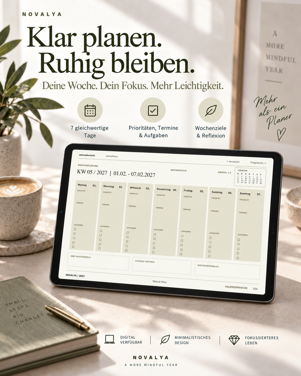 Novalya Wochenplaner 2027 – Natural Olive | Digitaler Wochenplaner