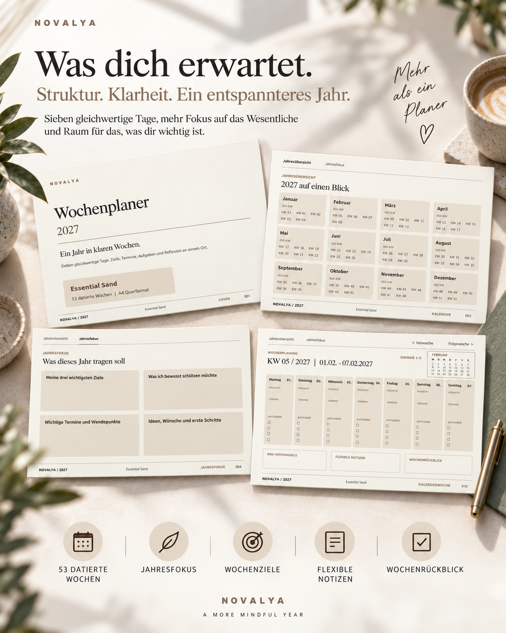 Novalya Wochenplaner 2027 – Essential Sand | Digitaler Wochenplaner