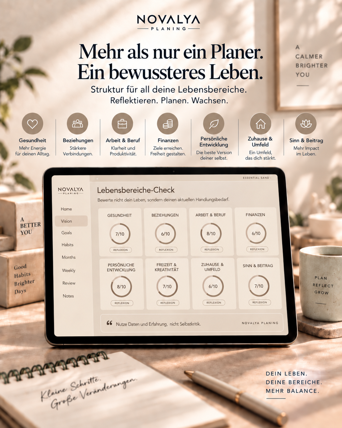 Novalya Goals & Habits Planner – Essential Sand | Digitaler Planner für Ziele, Fokus & Gewohnheiten