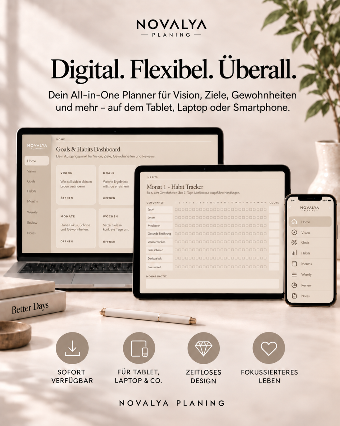 Novalya Goals & Habits Planner – Essential Sand | Digitaler Planner für Ziele, Fokus & Gewohnheiten
