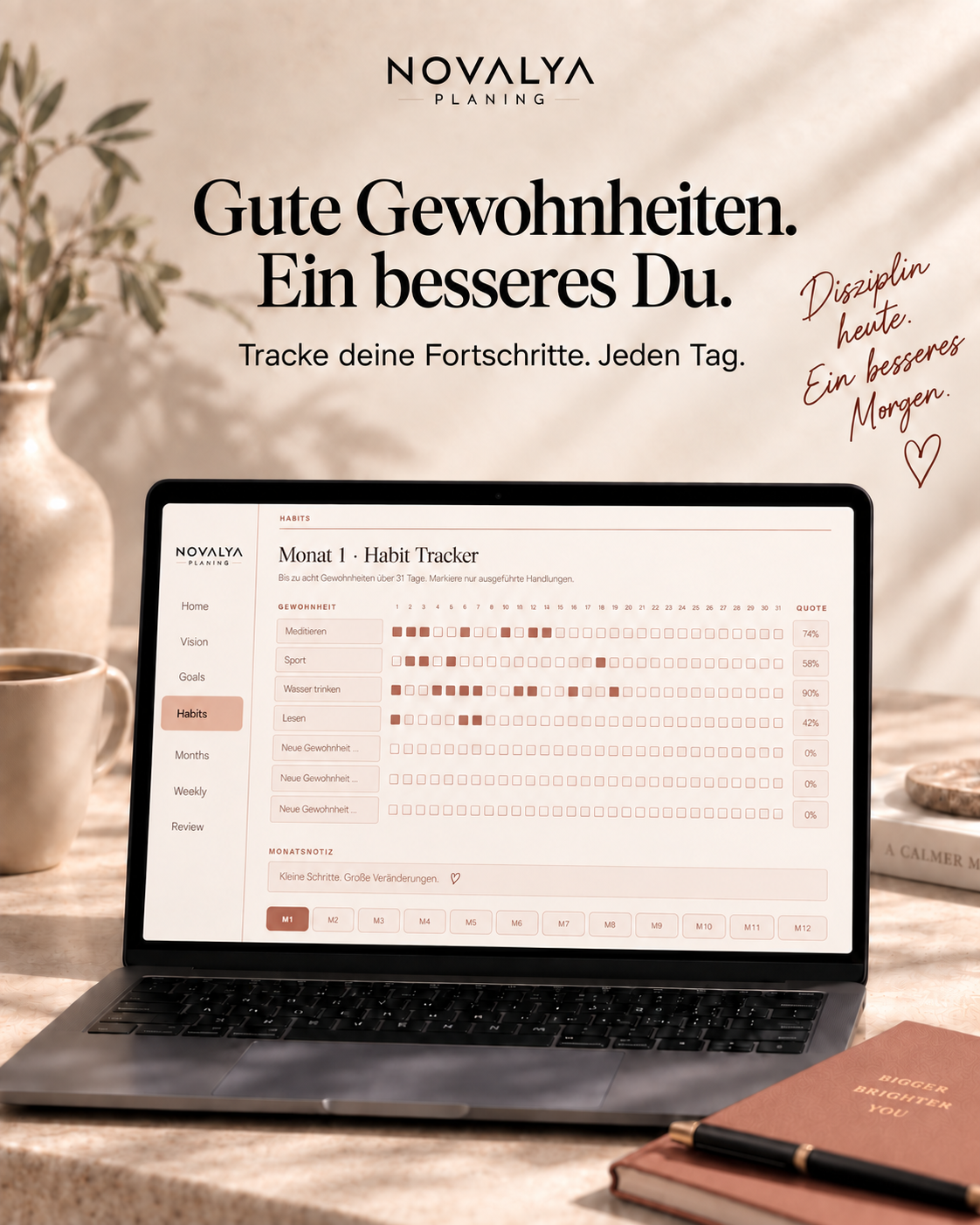 Novalya Goals & Habits Planner – Soft Terracotta | Digitaler Planner für Ziele, Fokus & Gewohnheiten