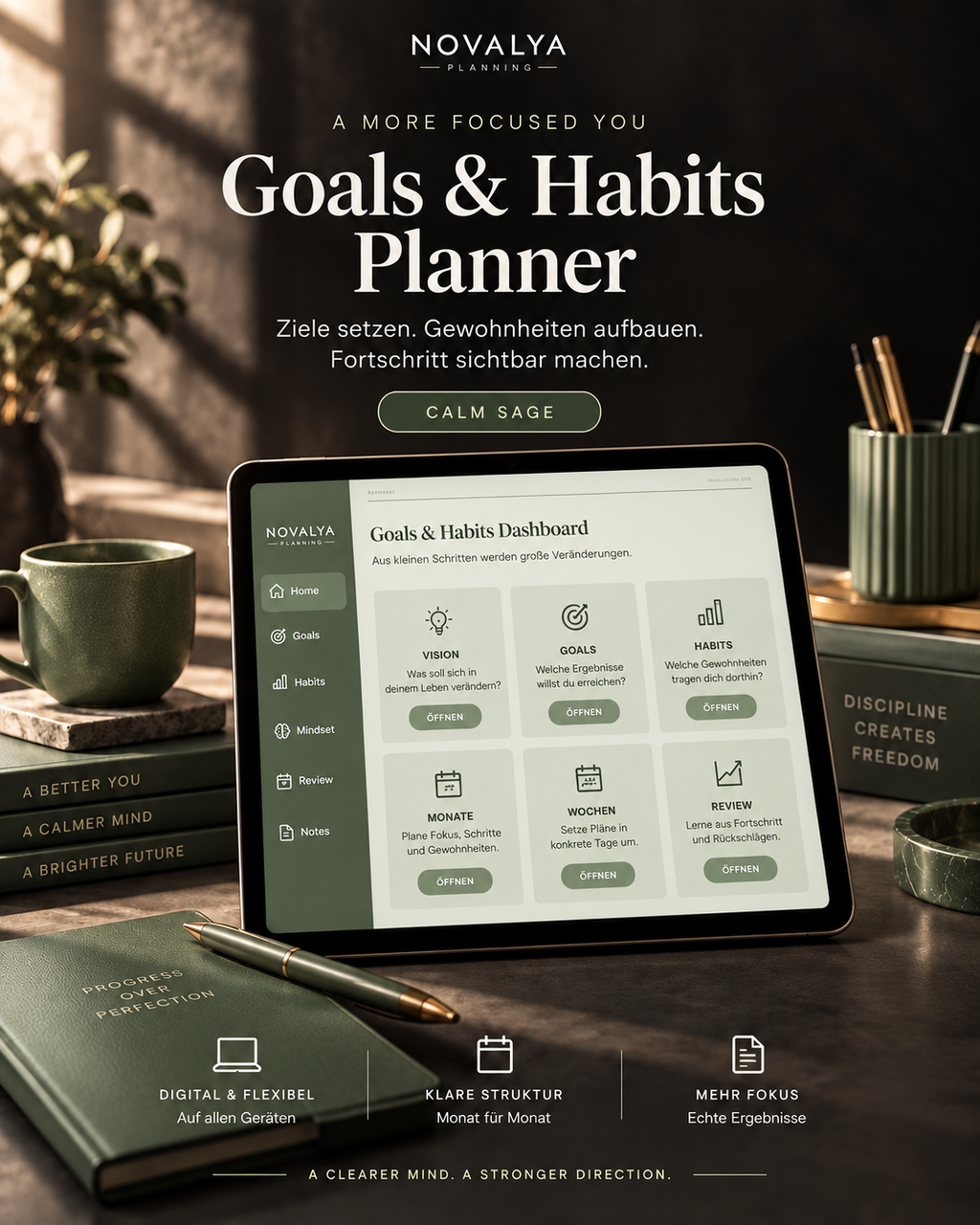 Novalya Goals & Habits Planner – Calm Sage | Digitaler Planner für Ziele, Fokus & Gewohnheiten