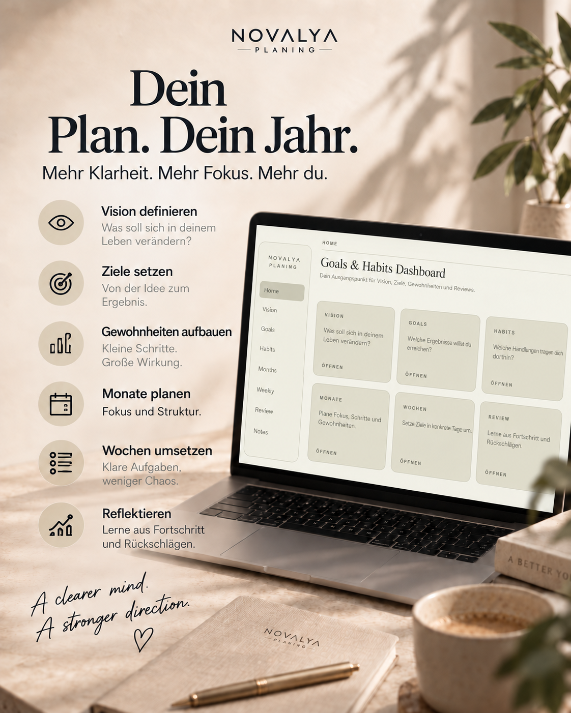 Novalya Goals & Habits Planner – Natural Olive | Digitaler Planner für Ziele, Fokus & Gewohnheiten